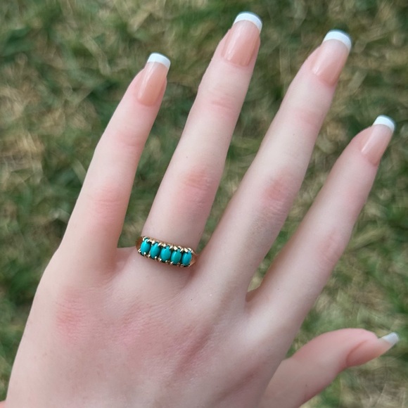 antique ring Jewelry - Sweet Antique 9ct Yellow Gold 5-Stone Turquoise Ring – Size 6 – Hallmarked 375